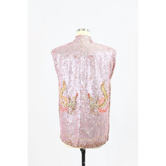 Vintage 50's Chinese Pink Red Beaded Sequin Dragon Phoenix Silk Wedding Vest - Picture 3 of 16
